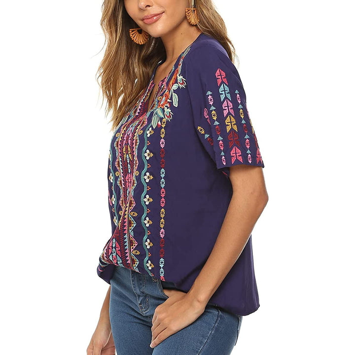 Womens Tops and Blouses Peasant Tops Embroidered Summer Casual Shirts V Neck Tunic Boho Top Image 4