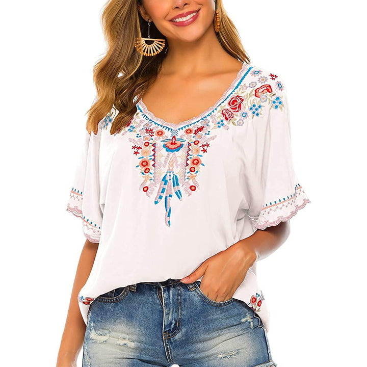 Womens Embroidered Tops Short Sleeve Shirts Traditional Pattern of Feathers and Flowers Ethnic Style Blouse Image 9