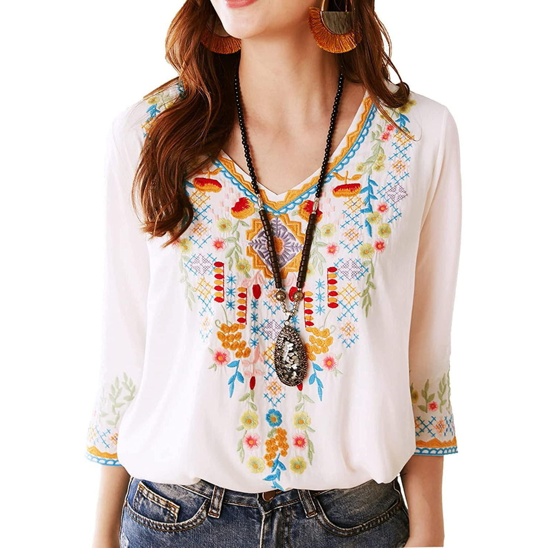 Mexican Embroidered Shirts for Women Boho Tops and Blouses 3/4 Sleeve Bohemian Peasant Summer Fall Tunic Top Image 10