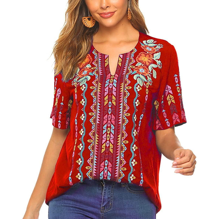 Womens Tops and Blouses Peasant Tops Embroidered Summer Casual Shirts V Neck Tunic Boho Top Image 9