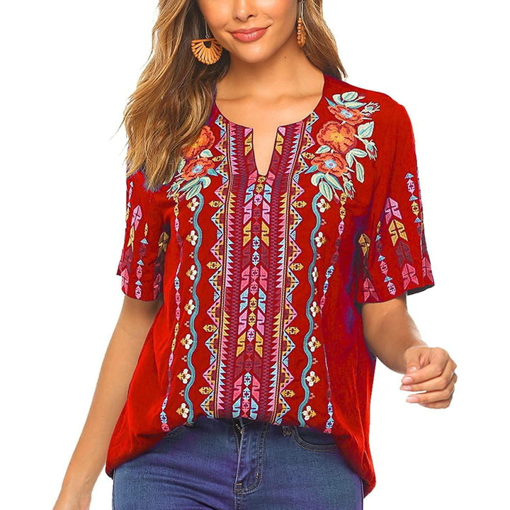 Womens Tops and Blouses Peasant Tops Embroidered Summer Casual Shirts V Neck Tunic Boho Top Image 1