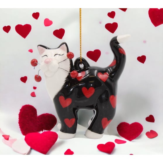 Ceramic Black Cat Ornament with Red Hearts 2.5in Valentines Day Image 1