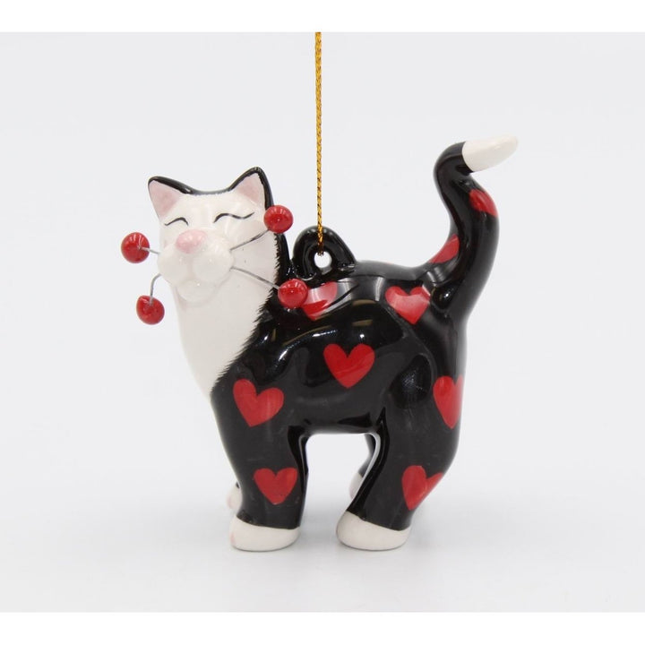 Ceramic Black Cat Ornament with Red Hearts 2.5in Valentines Day Image 3