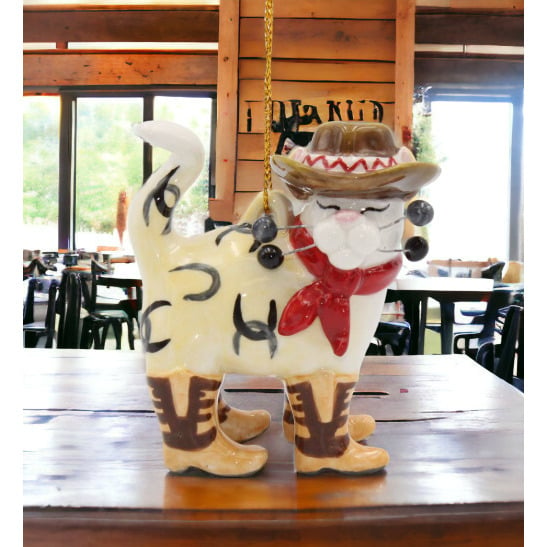 Ceramic Cowboy Cat Ornament 2.5x1.25x3 Gift for Cat Image 1