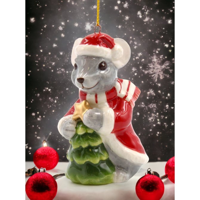 Ceramic Christmas Mouse Ornament 2 1/8" x 2" x 3 1/4" Image 1