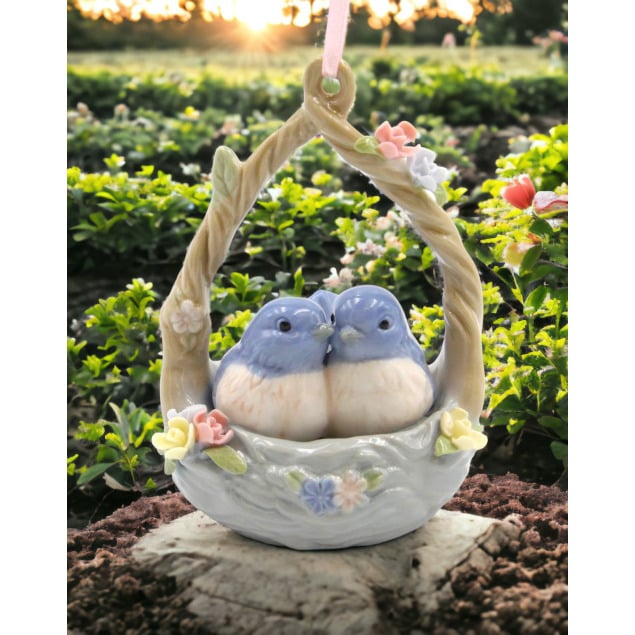 Ceramic Blue Birds in Basket Ornament 2.875 x 2.625 x 4 Home Gift Image 1