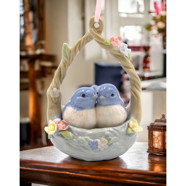 Ceramic Blue Birds in Basket Ornament 2.875 x 2.625 x 4 Home Gift Image 2