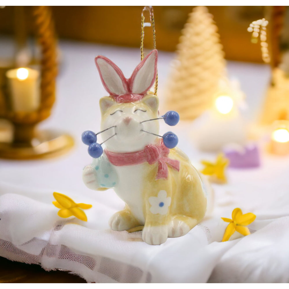 Ceramic Whiskered Cat with Easter Bunny Ears OrnamentMomKitchen DcorSpring DcorEaster Dcor, Image 2