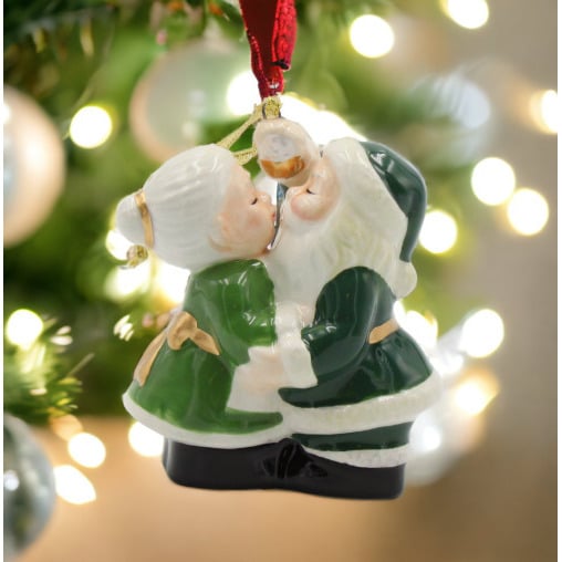 Ceramic Irish Green Kissing Santa Couple Ornament 3x1 3/4x3 1/2 Gift Image 1