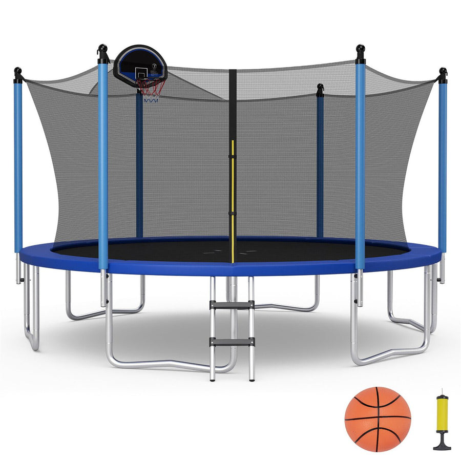 12/14/15/16FT Recreational Trampoline w/ Inner Enclosure Net Basketball Hoop Ladder ASTM Image 1