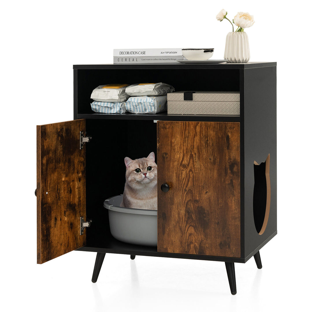 Cat Litter Box Enclosure Hidden Cat Washroom Cabinet with Entry Open Compartment Image 10