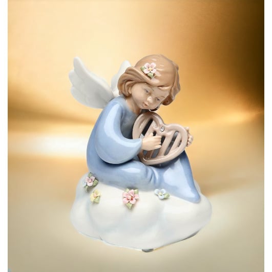 Ceramic Angel Harp Music Box 4.25x3.5 Religious  Cloud Image 1