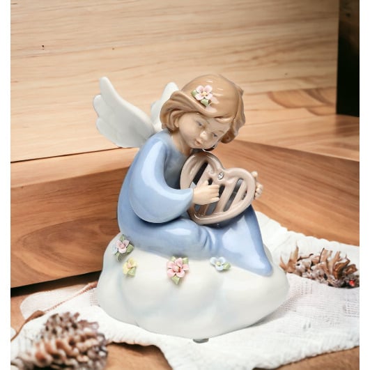 Ceramic Angel Harp Music Box 4.25x3.5 Religious  Cloud Image 2