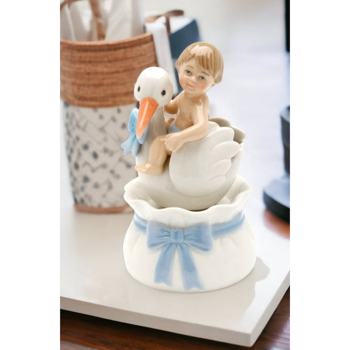 Ceramic Baby Boy Stork Music Box 6 Inch Image 1