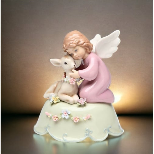 Ceramic Angel Music Box with Deer 4.5" Religious Image 2