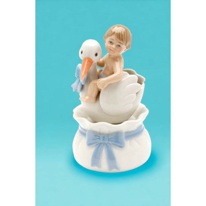 Ceramic Baby Boy Stork Music Box 6 Inch Image 2