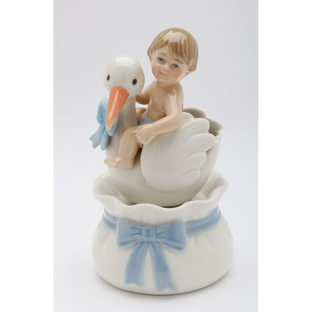 Ceramic Baby Boy Stork Music Box 6 Inch Image 3