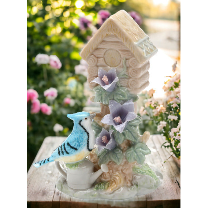 Ceramic Blue Jay Bird Figurine with Flowers 4.5in Image 1