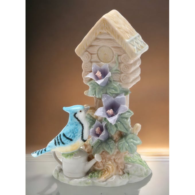 Ceramic Blue Jay Bird Figurine with Flowers 4.5in Image 2