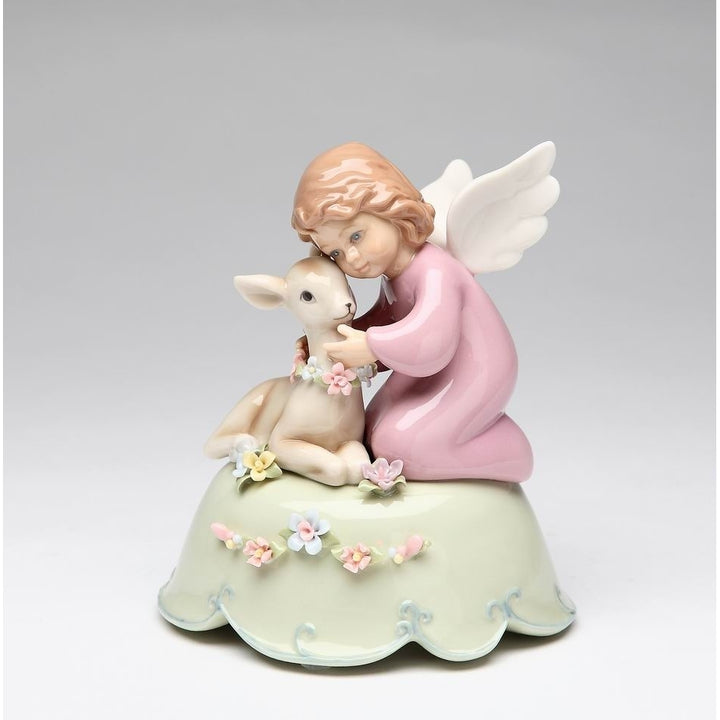 Ceramic Angel Music Box with Deer 4.5" Religious Image 3