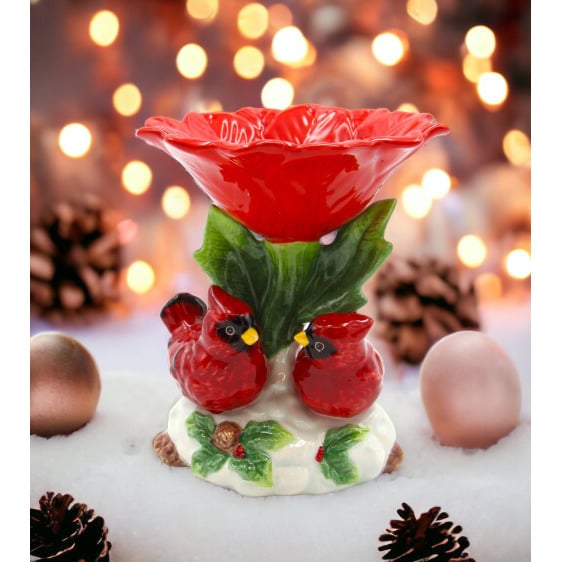 Ceramic Cardinal Candy Dish 4.5" Red Flower Vintage Image 1