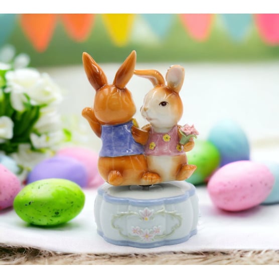 Ceramic Dancing Bunnies Music Box 3.625"x3.25" Play Its a Small World Image 1