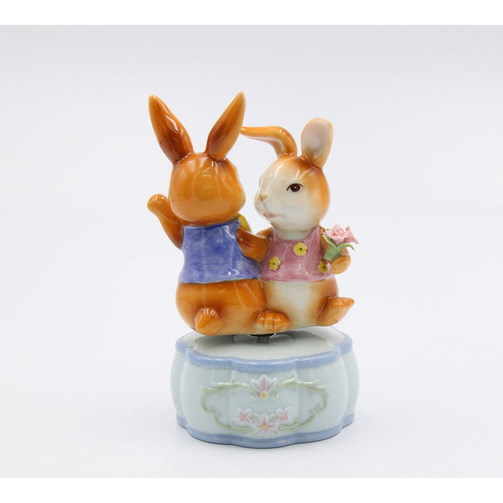 Ceramic Dancing Bunnies Music Box 3.625"x3.25" Play Its a Small World Image 2