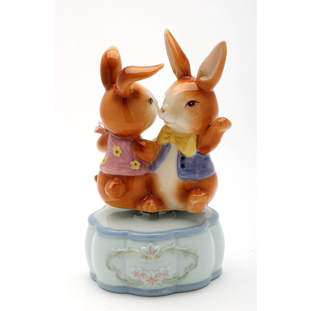 Ceramic Dancing Bunnies Music Box 3.625"x3.25" Play Its a Small World Image 3