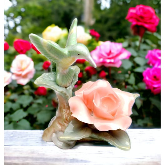 Ceramic Mini Hummingbird Rose Figurine 2.75in Home D decor Mom Image 1