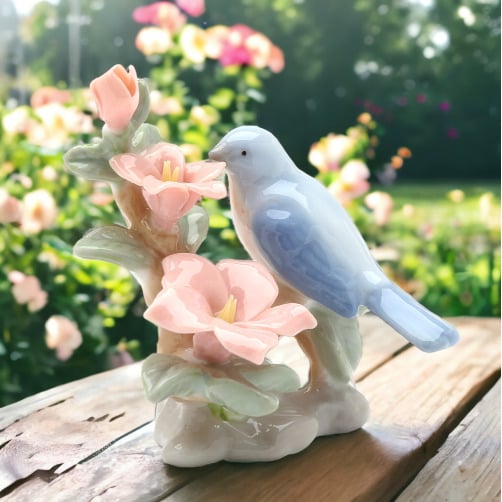 Ceramic Mini Bluebird Figurine with Azalea Flower 2.375 inches Gift Image 1