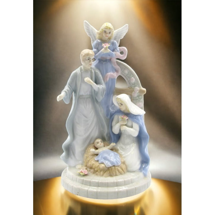 Ceramic Nativity Music Box with Guardian Angel 4.25x4.25x7.5 Silent Night Image 1