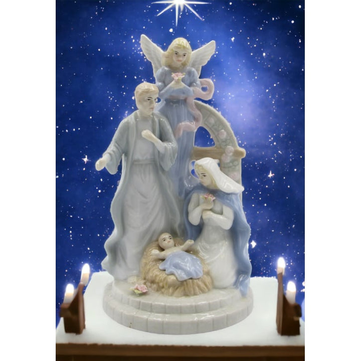 Ceramic Nativity Music Box with Guardian Angel 4.25x4.25x7.5 Silent Night Image 2