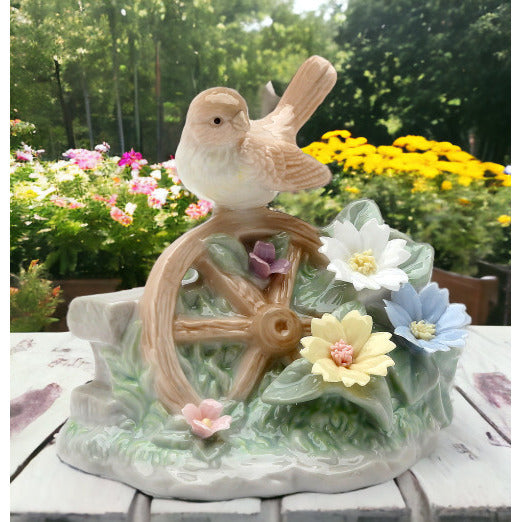 Ceramic Wren Bird On Wheel with Flowers FigurineHome DcorKitchen Dcor, Image 1