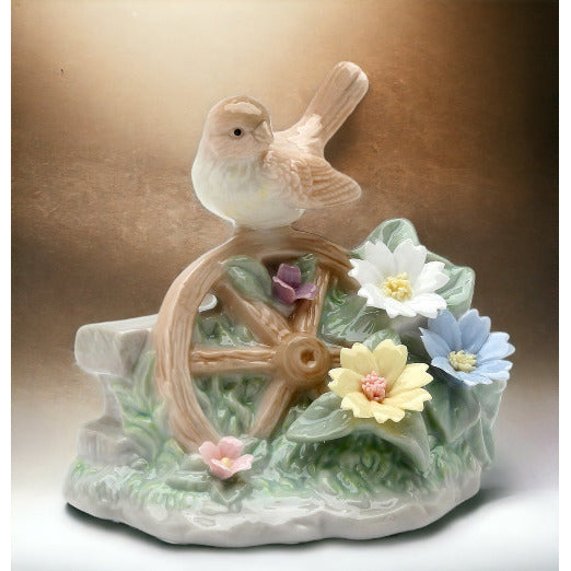 Ceramic Wren Bird On Wheel with Flowers FigurineHome DcorKitchen Dcor, Image 2