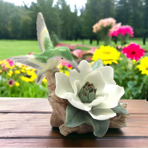 Ceramic Hummingbird Figurine with Magnolia Flower 4.5in Image 1