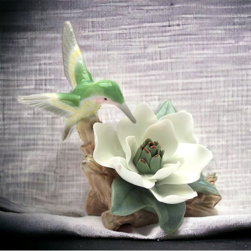 Ceramic Hummingbird Figurine with Magnolia Flower 4.5in Image 2