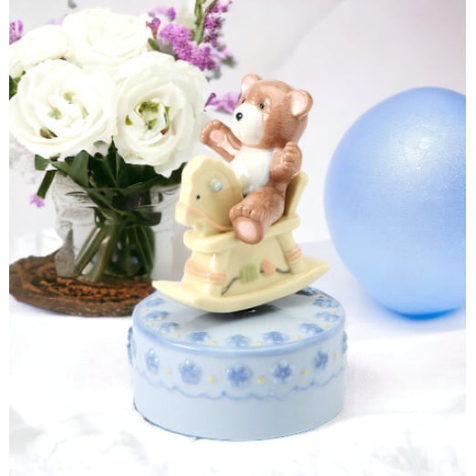 Ceramic Rocking Horse Music Box with Bear 3x4.75 Handcrafted Gift Image 1