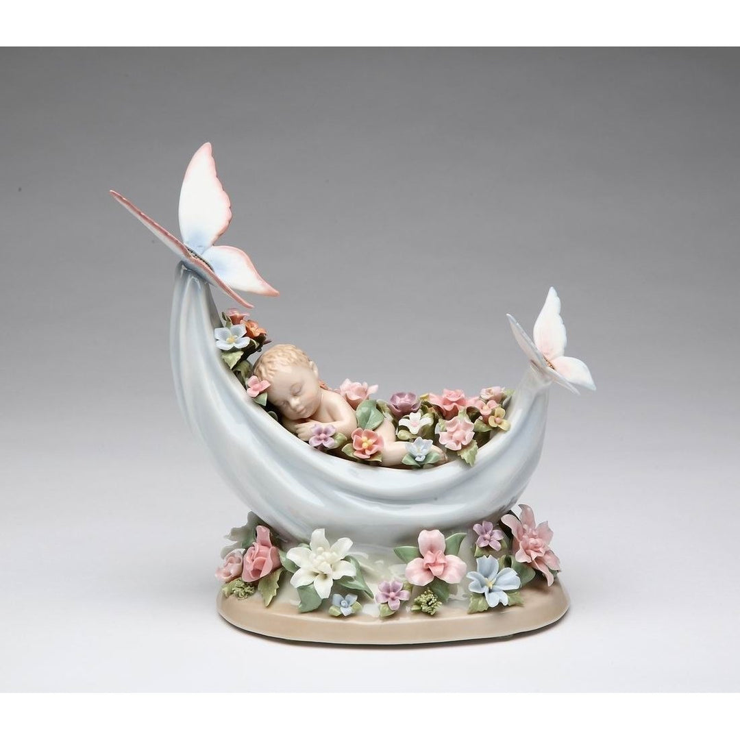 Ceramic Sleeping Baby Music Box 7.5in Flowers Butterflies Gift Image 2