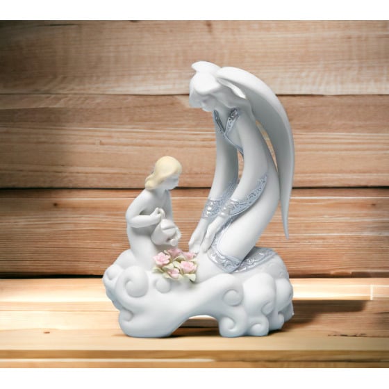 Kevins Gift Shoppe Ceramic Angel and Girl Watering Flowers Figurine Image 2