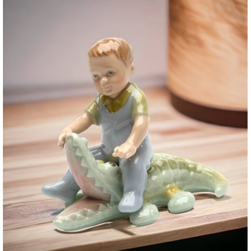 Ceramic Boy Figurine with Alligator  3.375"x3"x2.5"H Image 2