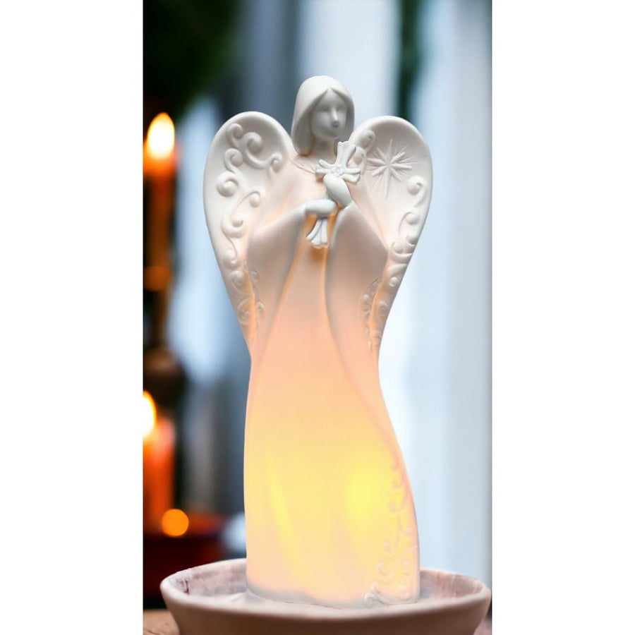 Ceramic Angel Night Light Holding Cross 4.25x2.75x9.25 Inches Image 1