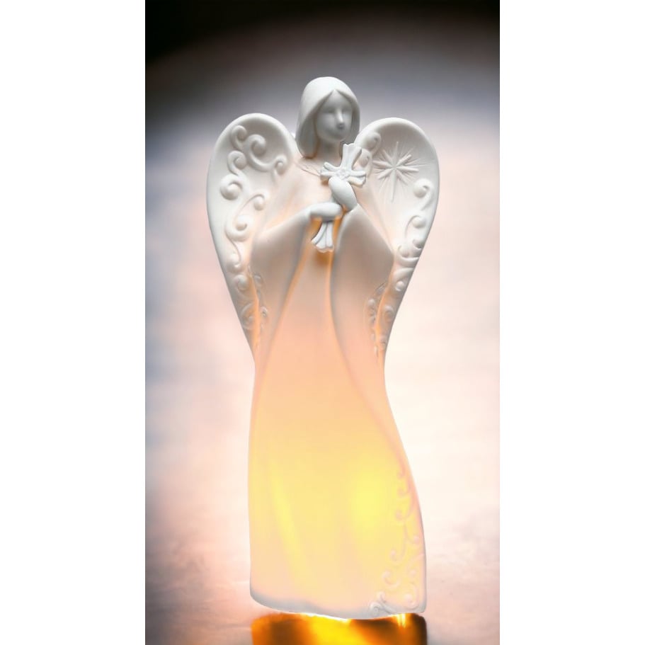 Ceramic Angel Night Light Holding Cross 4.25x2.75x9.25 Inches Image 2