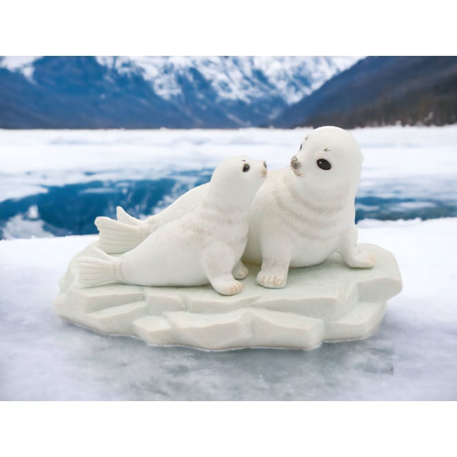 Ceramic Arctic Seal Mom and Baby Figurine 7.375in Gift for Nature Lovers Image 1