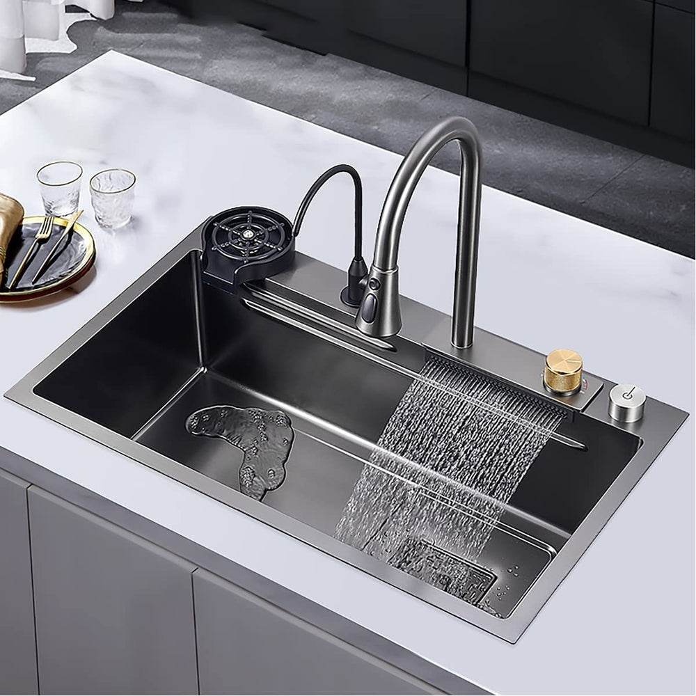 Flying Rain Stainless Steel Waterfall Kitchen Sink Single Bowl w Pull Down Faucet Set Nano Black 29.5 INCH Image 2