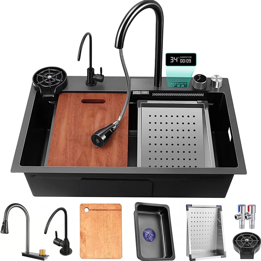 Flying Rain Stainles Steel Waterfall Kitchen Sink w Digital Contro Faucet Nano Black 29.5 INCH Image 1