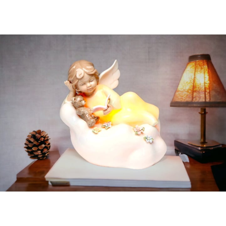 Ceramic Angel Nightlight with Teddy Bear on Cloud 5.25in Home Gift Image 1