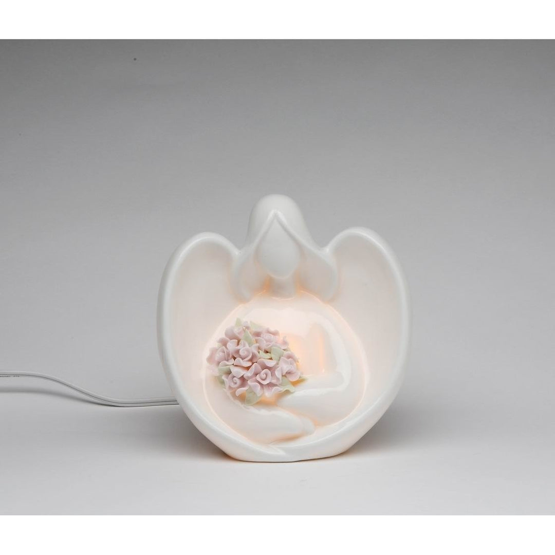 Ceramic Angel Night Light with Flowers 5.625 Inch Home Gift Image 3