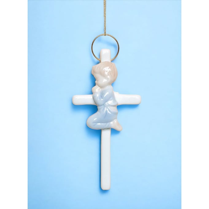 Ceramic Praying Boy On Cross 5x275x58 Religious Gift Baptism Decor Image 1