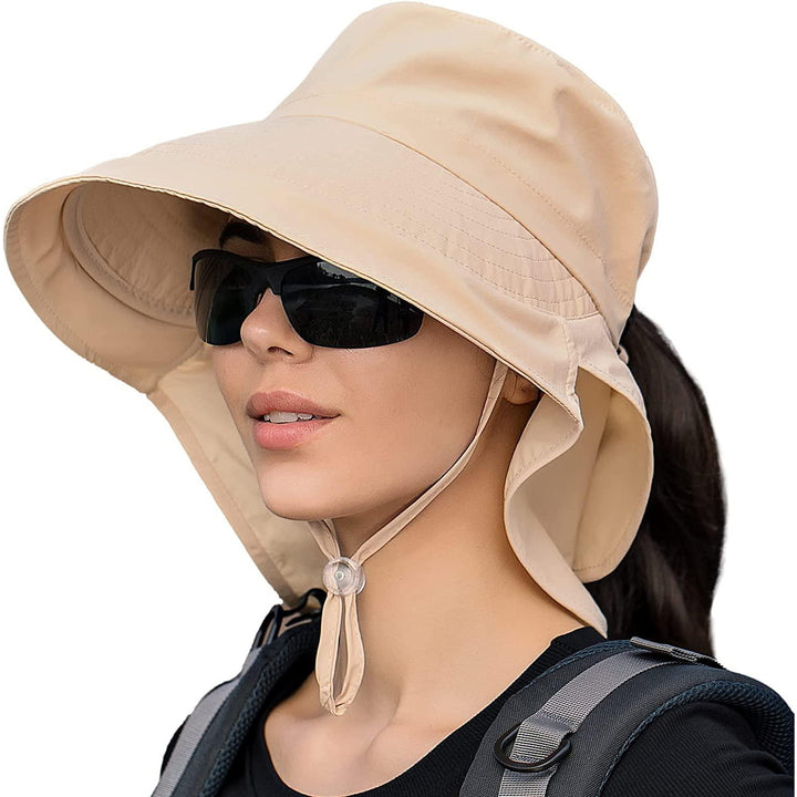 Women Sun Hats UV Protection Foldable Wide Brim Ponytail Hole Summer Men Beach Hats with Neck Flap Image 1