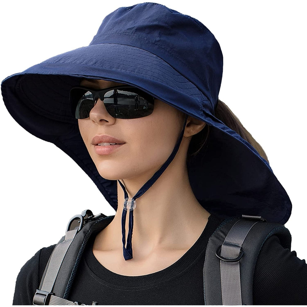 Women Sun Hats UV Protection Foldable Wide Brim Ponytail Hole Summer Men Beach Hats with Neck Flap Image 2